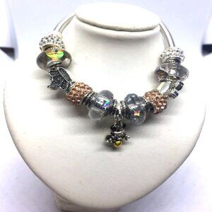 Silver Steampunk Bracelet with Rose Gold European Beads and Mickey Mouse Charm
